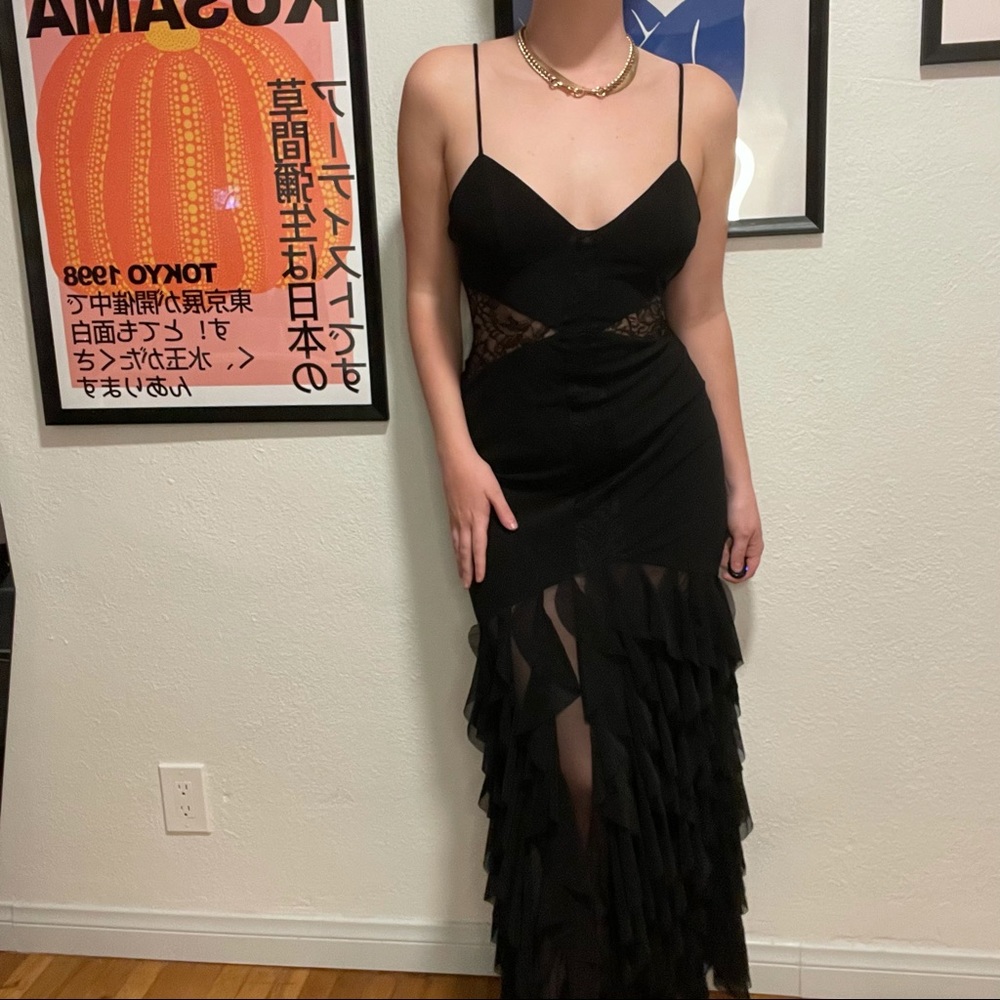 Fame & Partners Black Ruffle Gown
